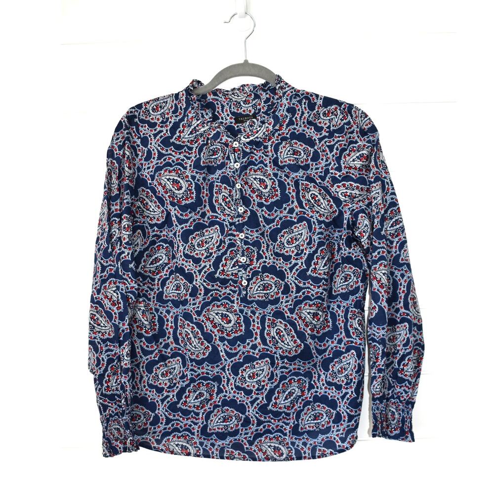 Talbots Blue Top Size Large Petite Button Neck Boho Cottage Lightweight Shirt